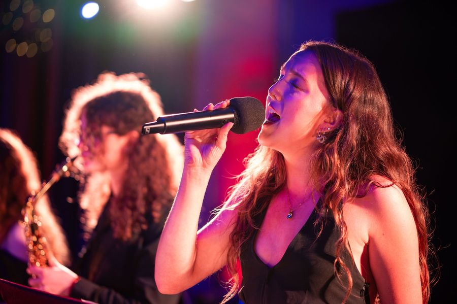 Singer performing under stage lighting