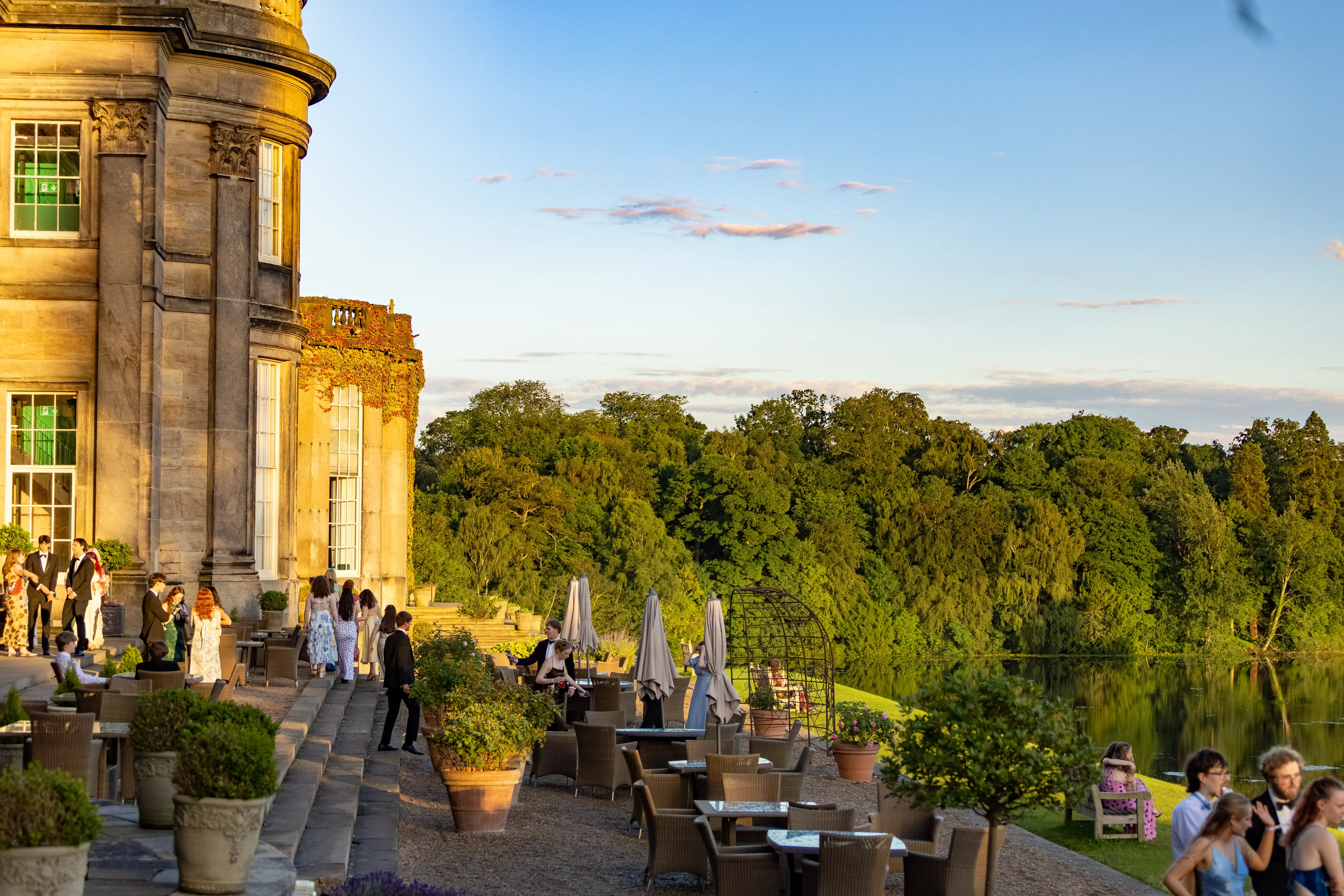 Guests enjoying the terrace at sunset, Wynyard Hall Hotel