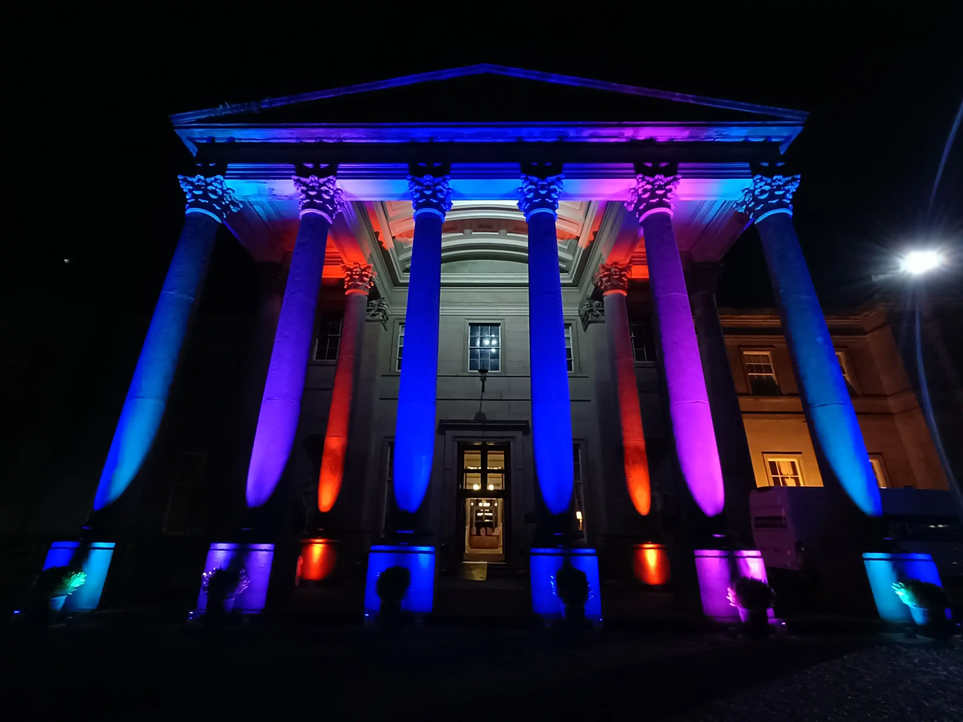 Wynyard Hall Hotel exterior lit up at night for the ball series